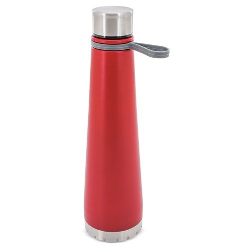 Rote, konische Trinkflasche mit silbernem Deckel und grauem Tragegriff. Edelstahl-Optik.
