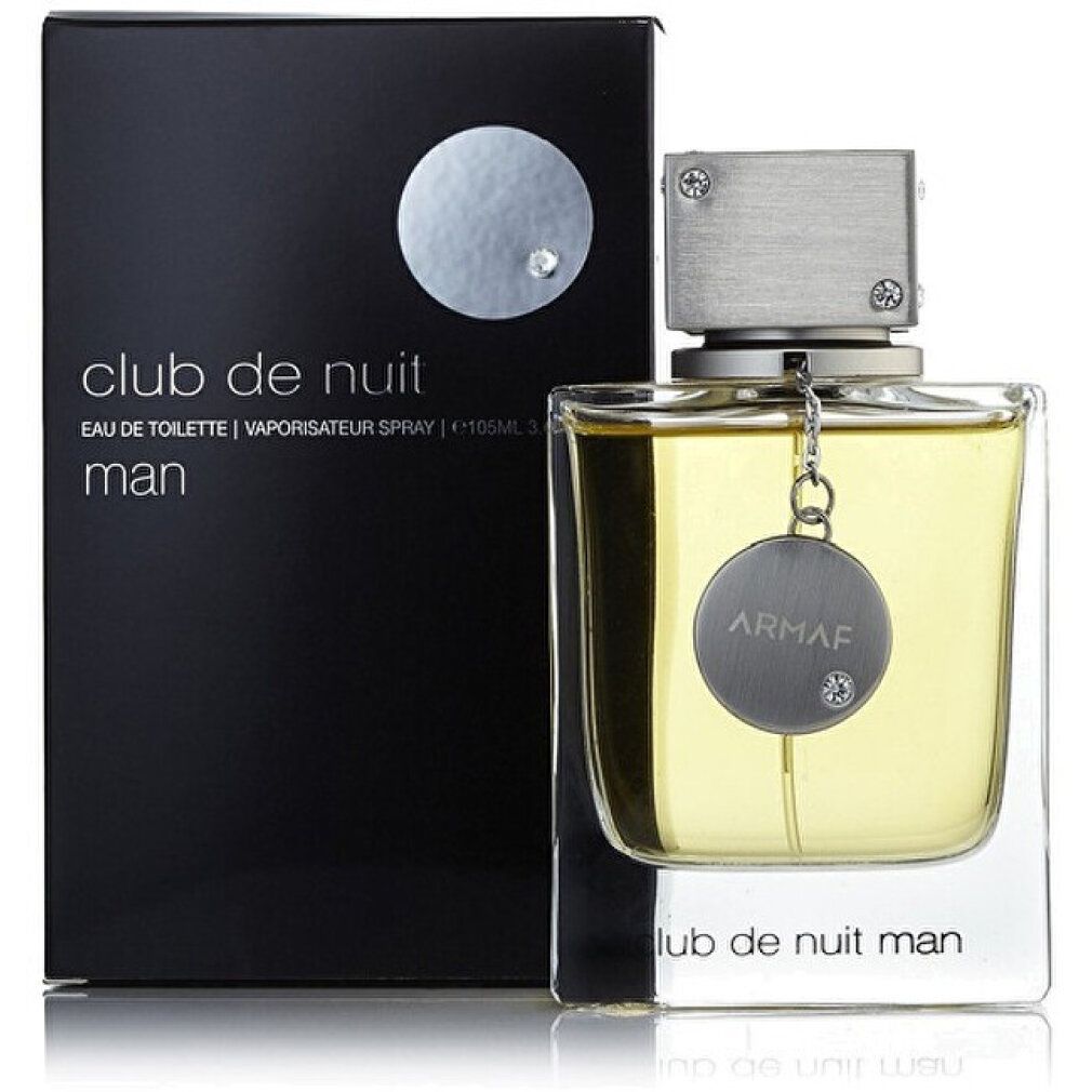 Eau de Toilette Spray mit schwarzer Verpackung. Aufschrift: Club de Nuit Man. Flakon daneben.