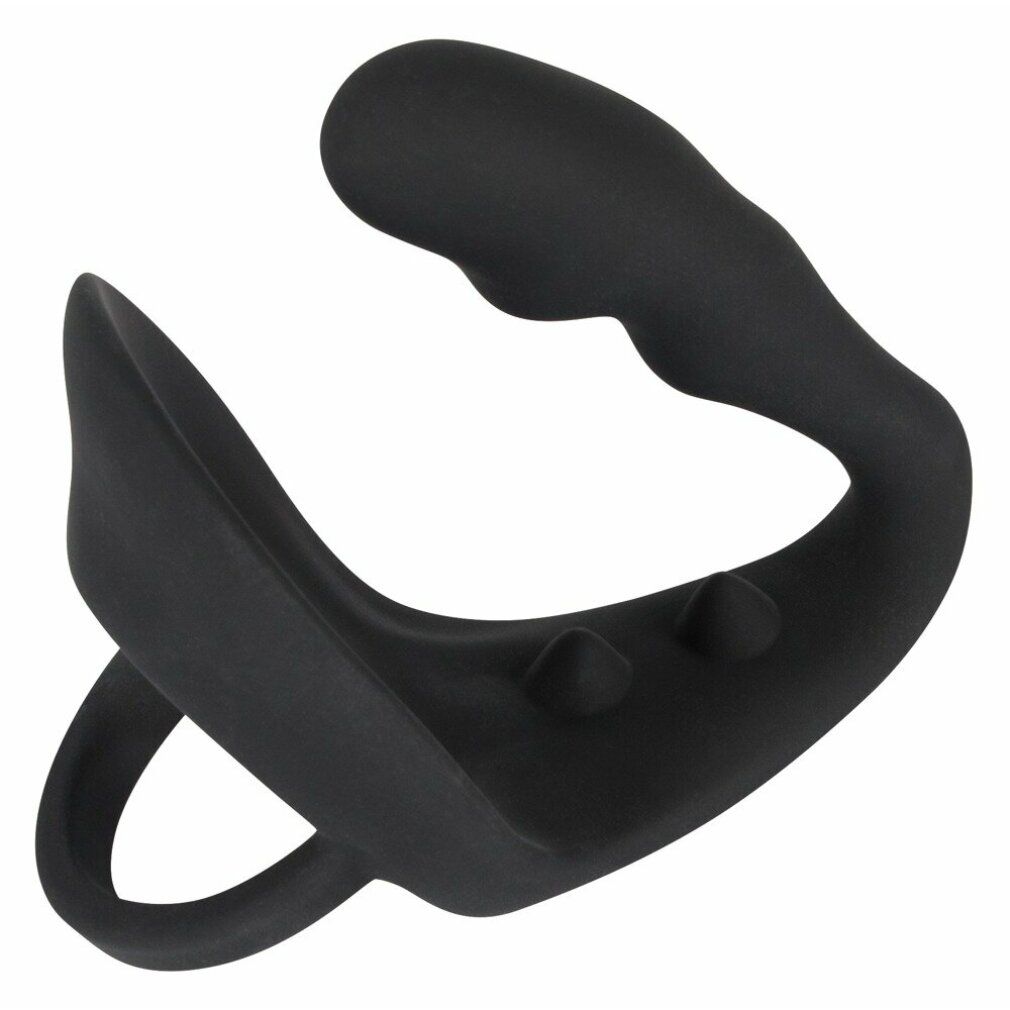 Schwarzer Penis-/Hodenring mit Analplug. Aus Silikon. Mit zwei Erhebungen und einem Ring.