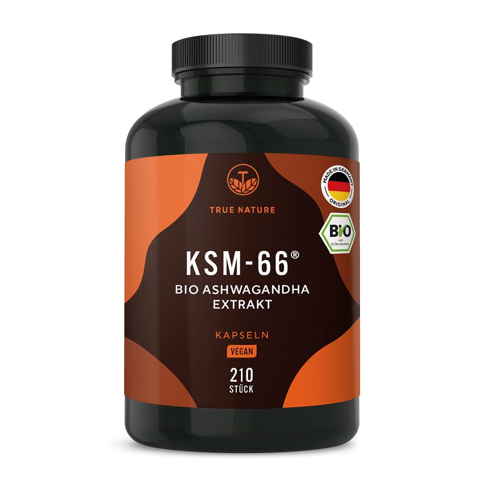 Dunkler Behälter mit TRUE NATURE KSM-66 Bio Ashwagandha Extrakt Kapseln, 210 Stück.