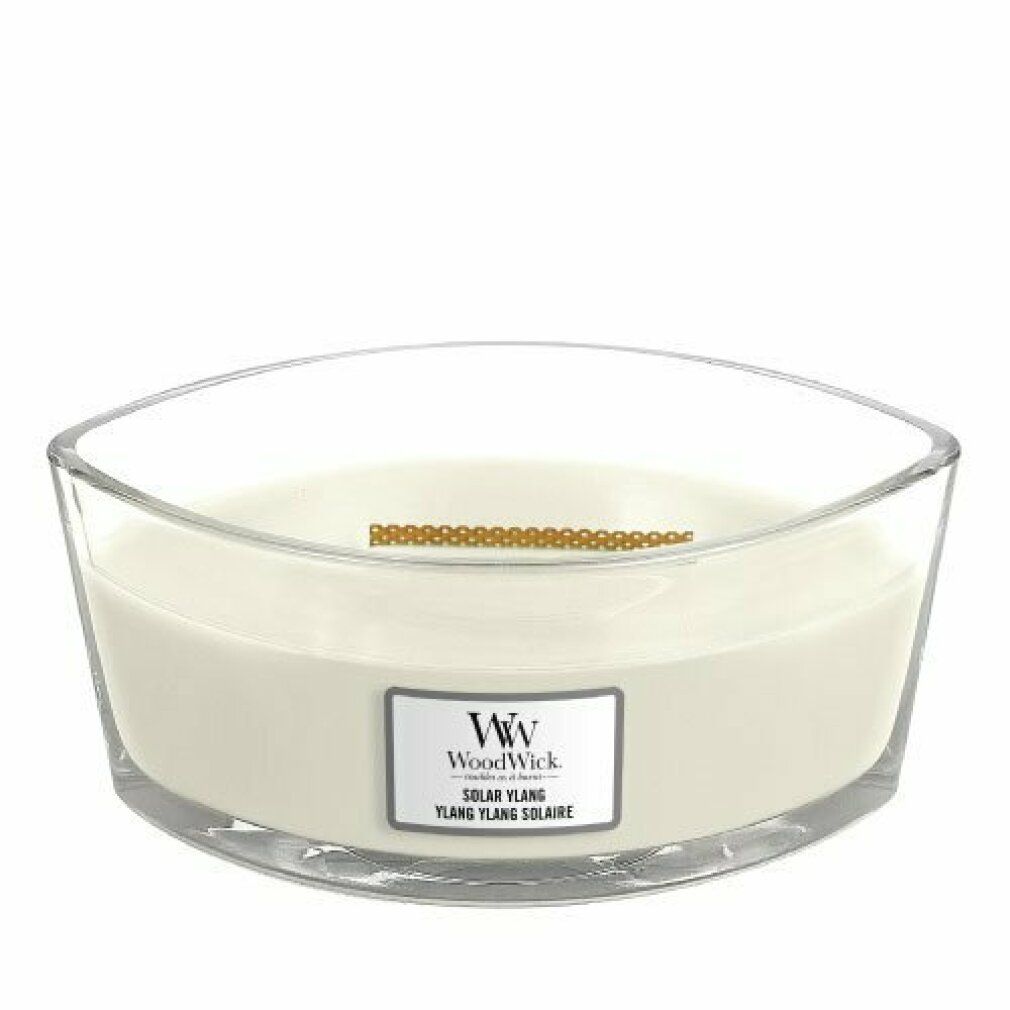 Glasbehälter mit Kerze. Aufkleber "WoodWick Solar Ylang".