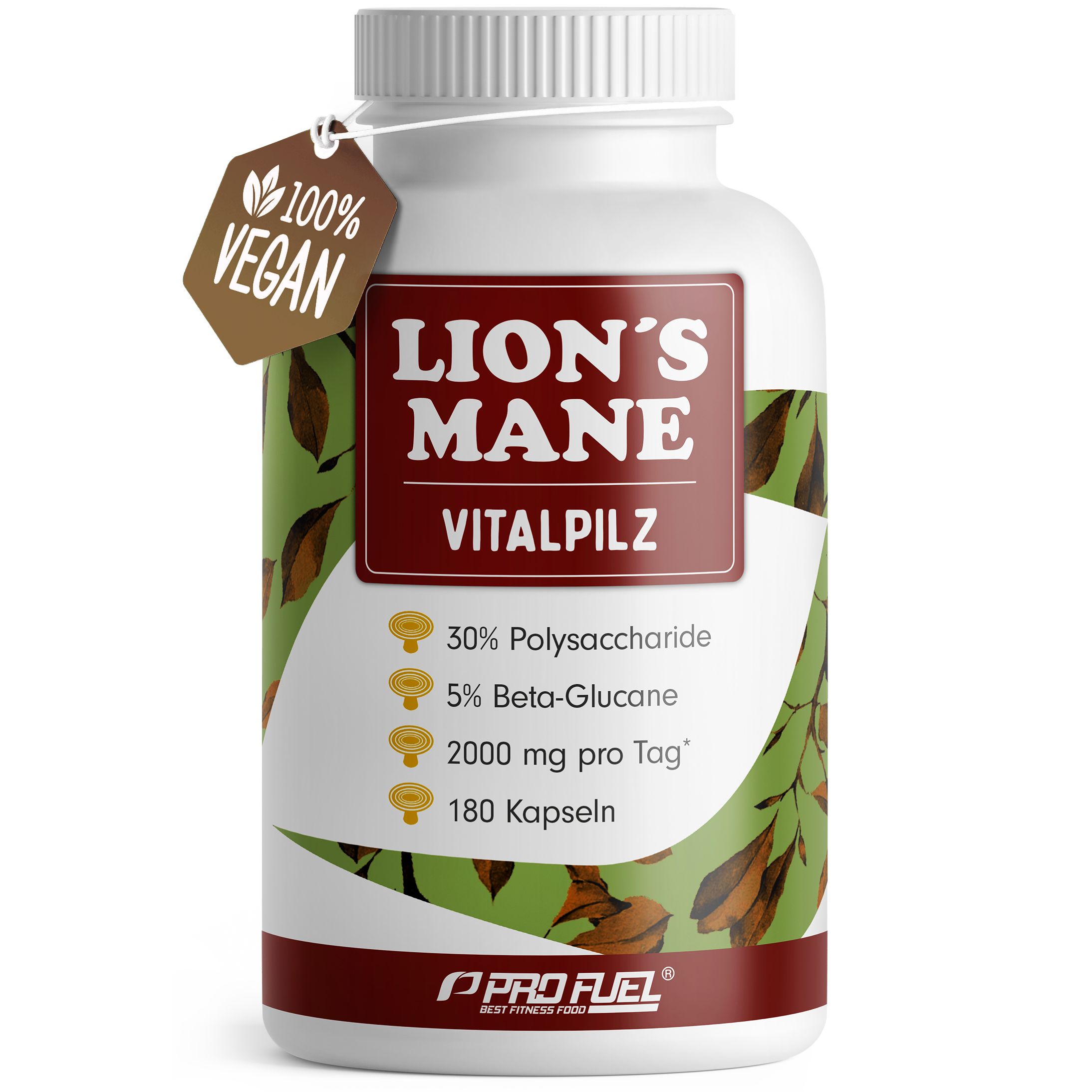Weiße Flasche mit Lion's Mane Vitalpilz. 180 Kapseln. 2000 mg pro Tag. 30% Polysaccharide, 5% Beta-Glucane. 100% Vegan Label.