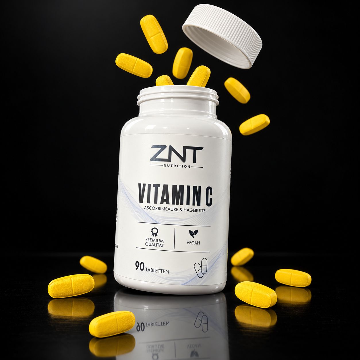 ZNT Nutrition Vitamin C Flasche mit herausfallenden Tabletten.