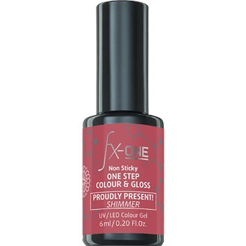 Flasche mit Nagellack. Aufschrift: FX-ONE, Non Sticky, One Step Colour & Gloss, Proudly Present!, Shimmer, UV/LED Colour Gel.