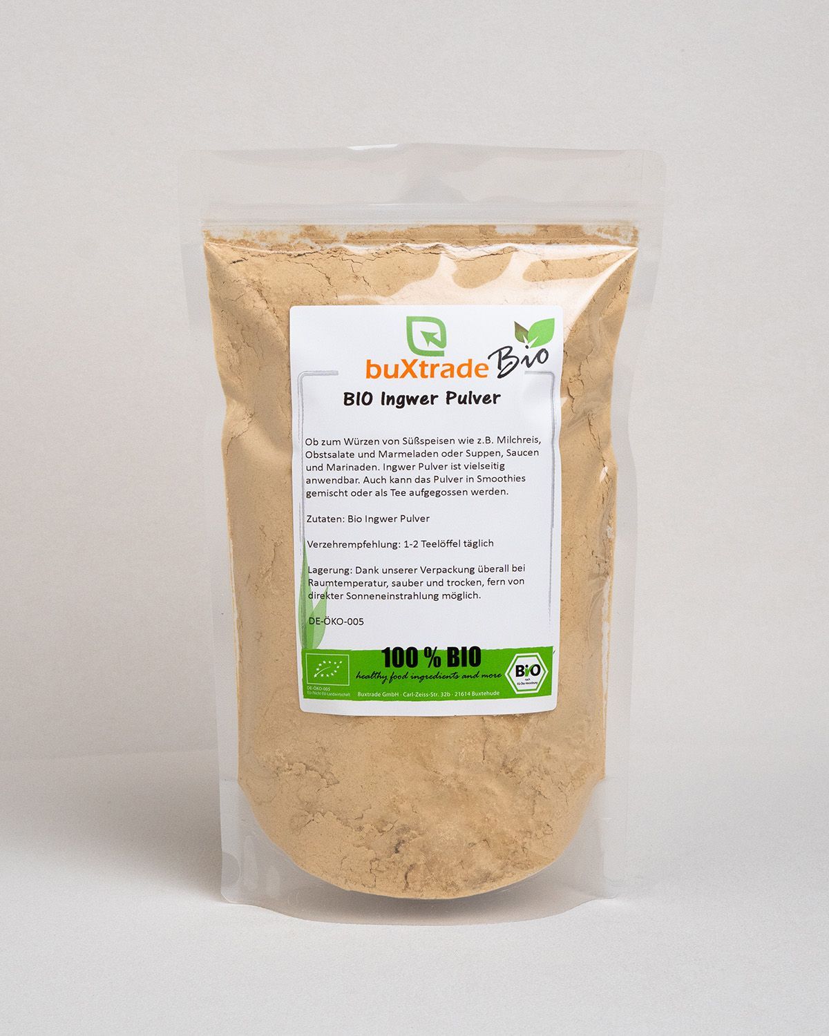 Verpackung von buXtrade Bio Ingwer Pulver. Transparente Tüte mit Etikett.