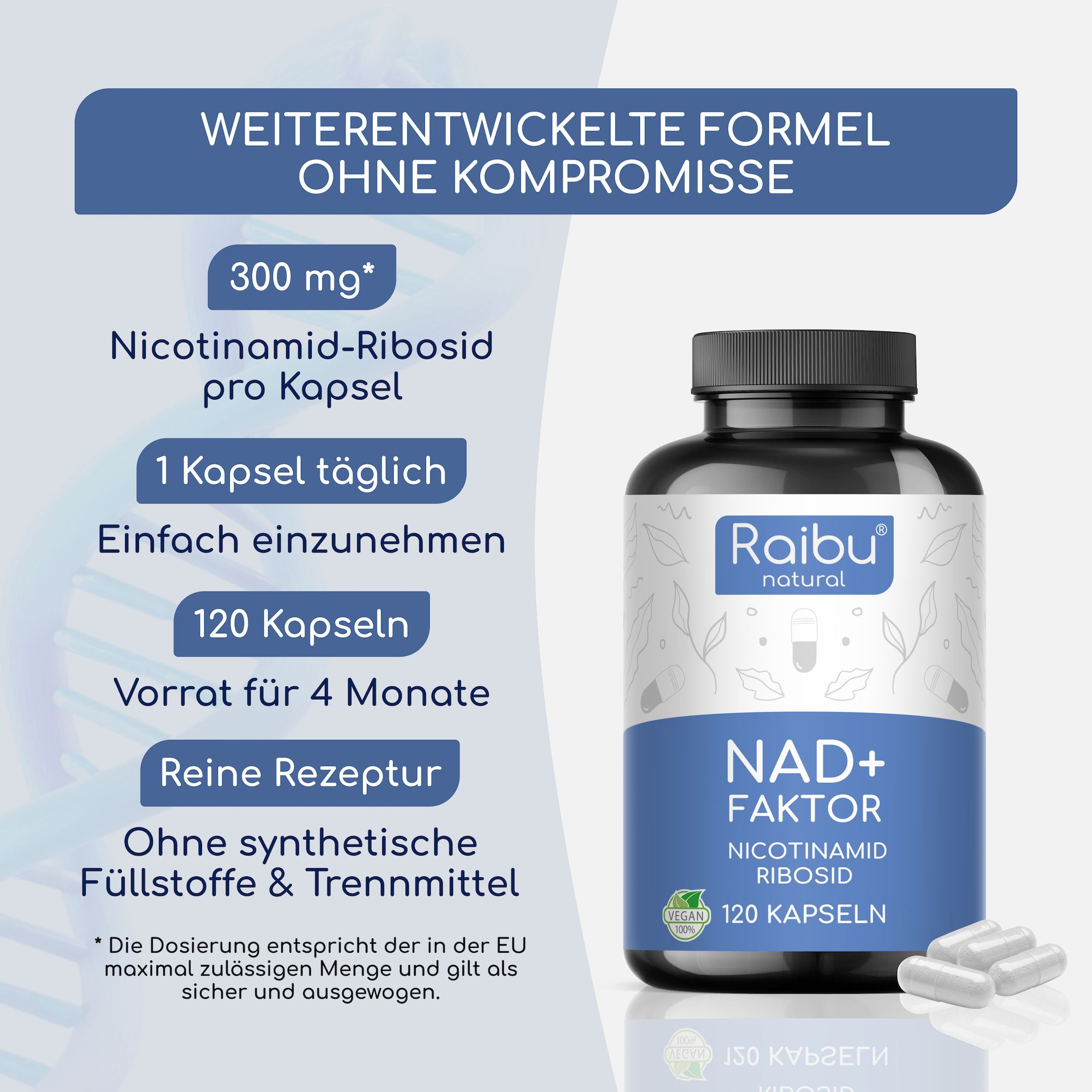Flasche mit 120 Kapseln und Text: 300 mg Nicotinamid-Ribosid pro Kapsel. 1 Kapsel täglich. Reine Rezeptur. Ohne synthetische Füllstoffe.