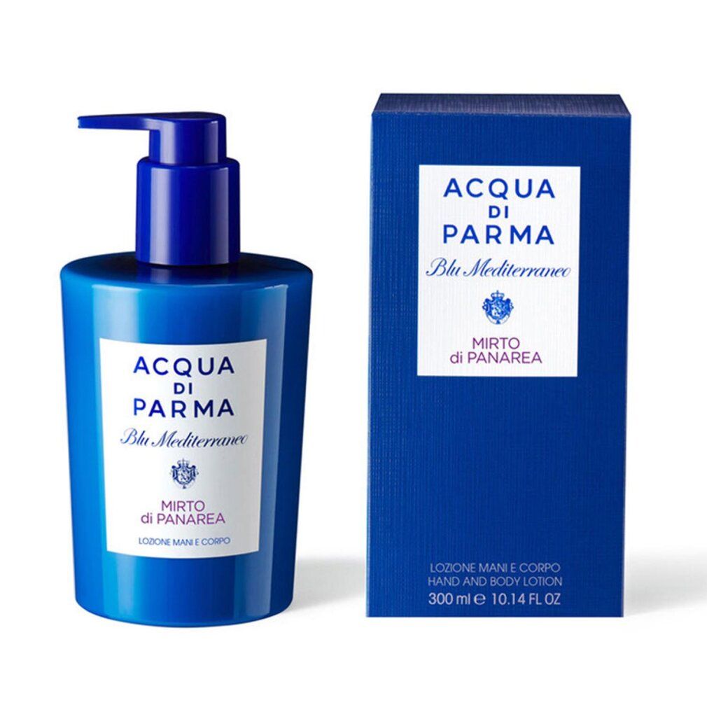 Blaue Flasche und Schachtel. Aufkleber und Text: Acqua Di Parma, Mirto di Panarea, Blu Mediterraneo. Für Hände und Körper.
