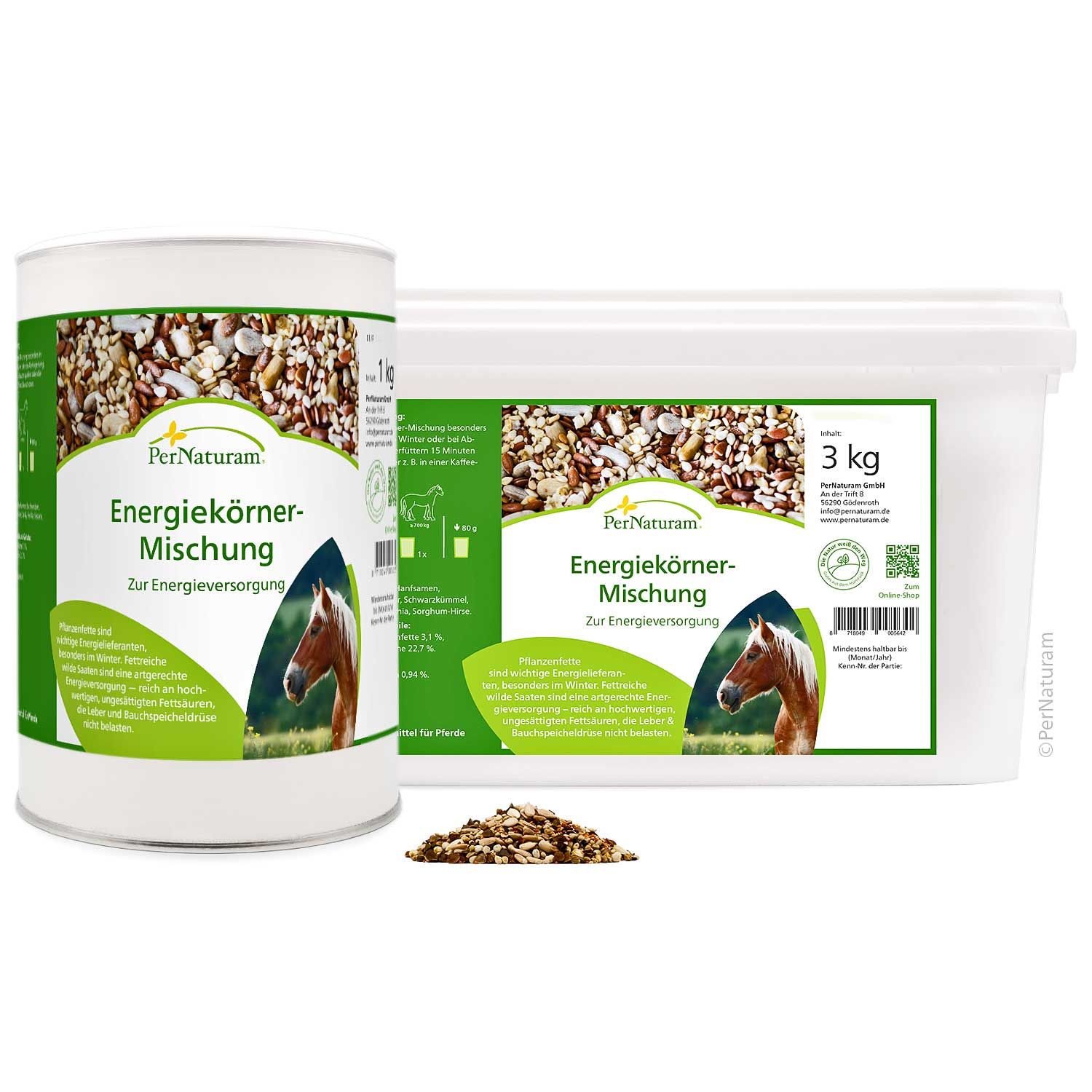 Zwei Behälter Energiekörner-Mischung. Ein runder Behälter und ein eckiger Behälter mit Etiketten. Aufschrift: PerNaturam Energiekörner-Mischung.
