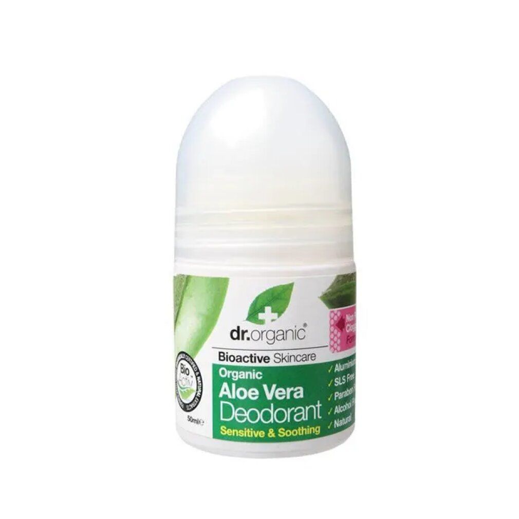 Roll-on-Deodorant. Weißer Behälter mit grünem Etikett. Aufschrift: Aloe Vera Deodorant. Bio-Aktiv-Logo.