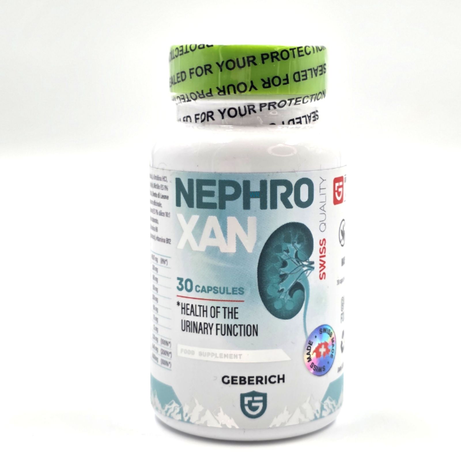 Weißes Fläschchen mit grüner Kappe. Aufschrift: NephroXan, 30 Kapseln, Swiss Quality. Siegel: Sealed for your protection.