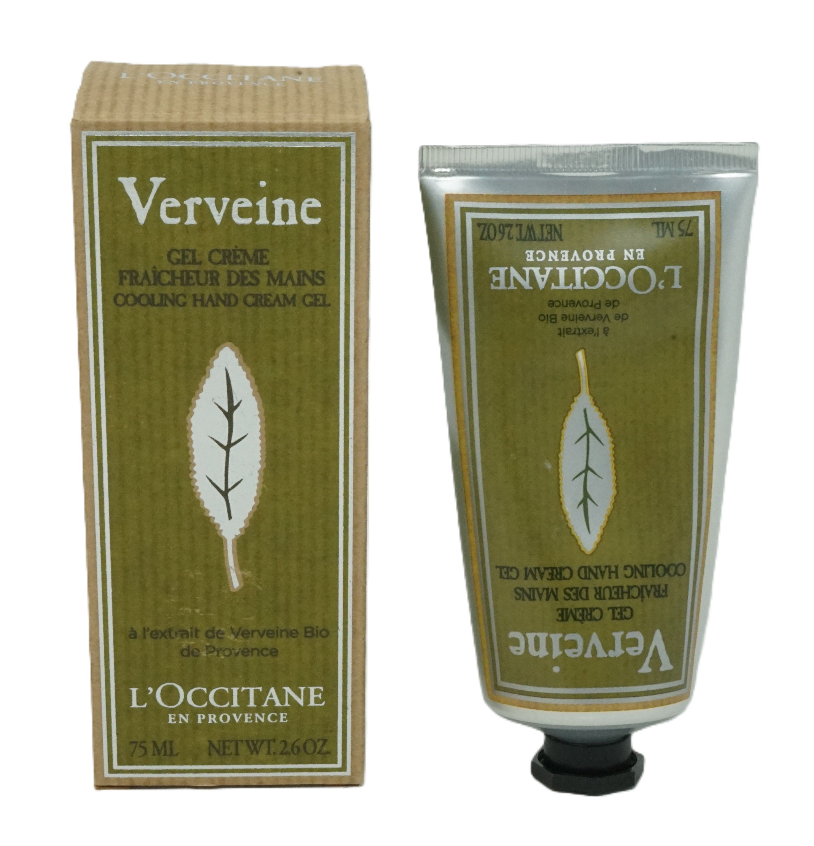 Handcreme-Gel und Verpackung. Tube und Karton mit Aufschrift Verveine, Blatt-Symbol, L'Occitane. 75 ml.