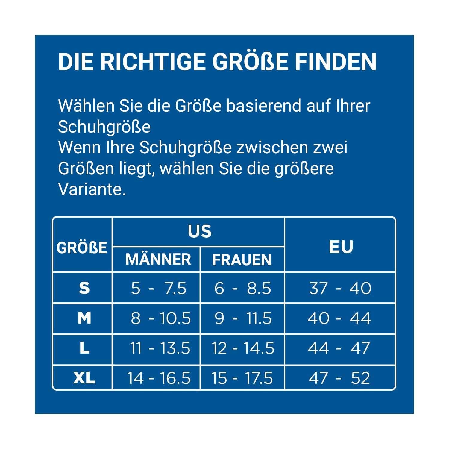 Größentabelle für Schuhe. Größen: S, M, L, XL. Größen für Männer und Frauen in US und EU.