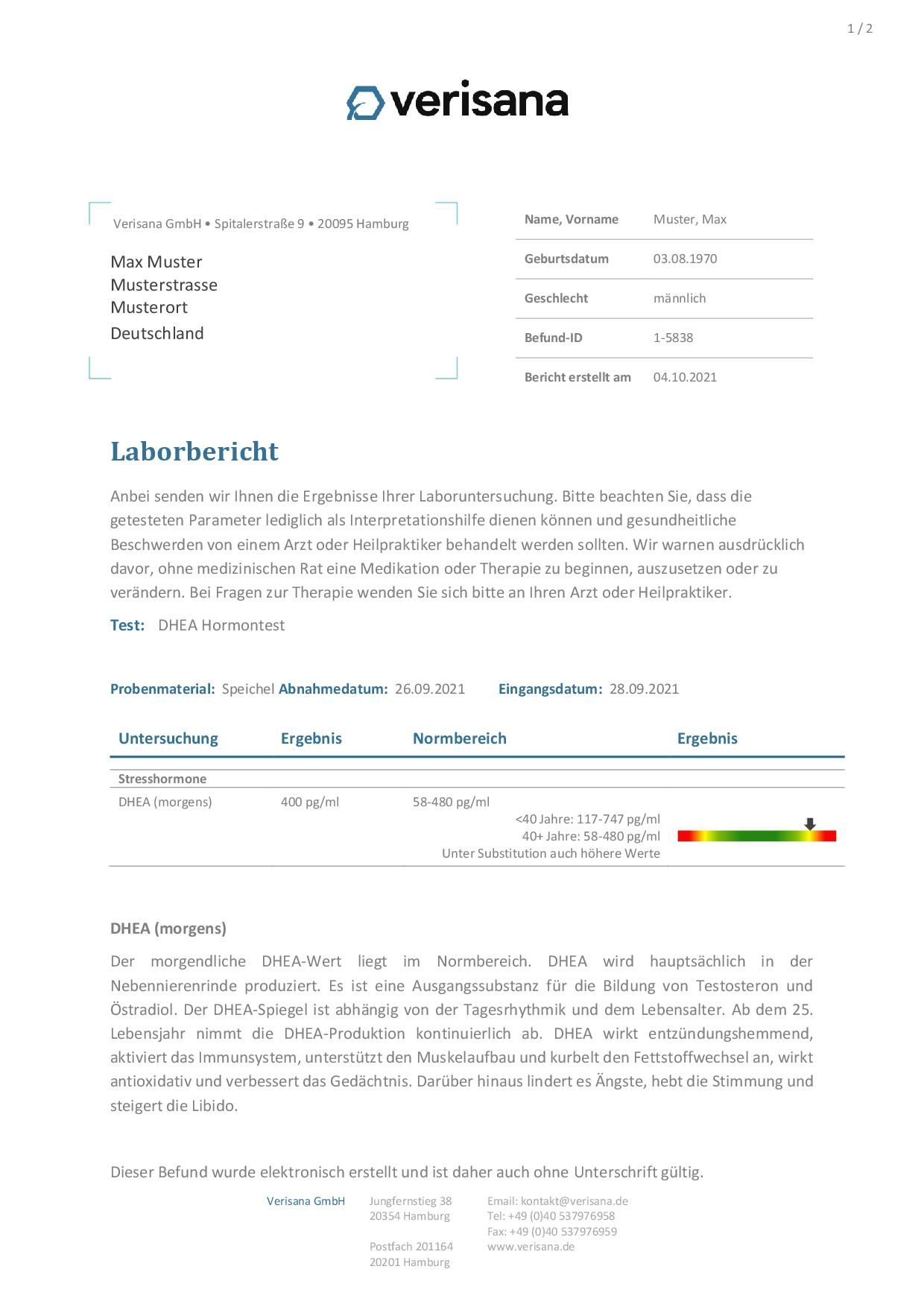 Laborbericht von Verisana. Enthält Testergebnisse für DHEA. Mit Angaben zu Name, Datum und Referenznummer.