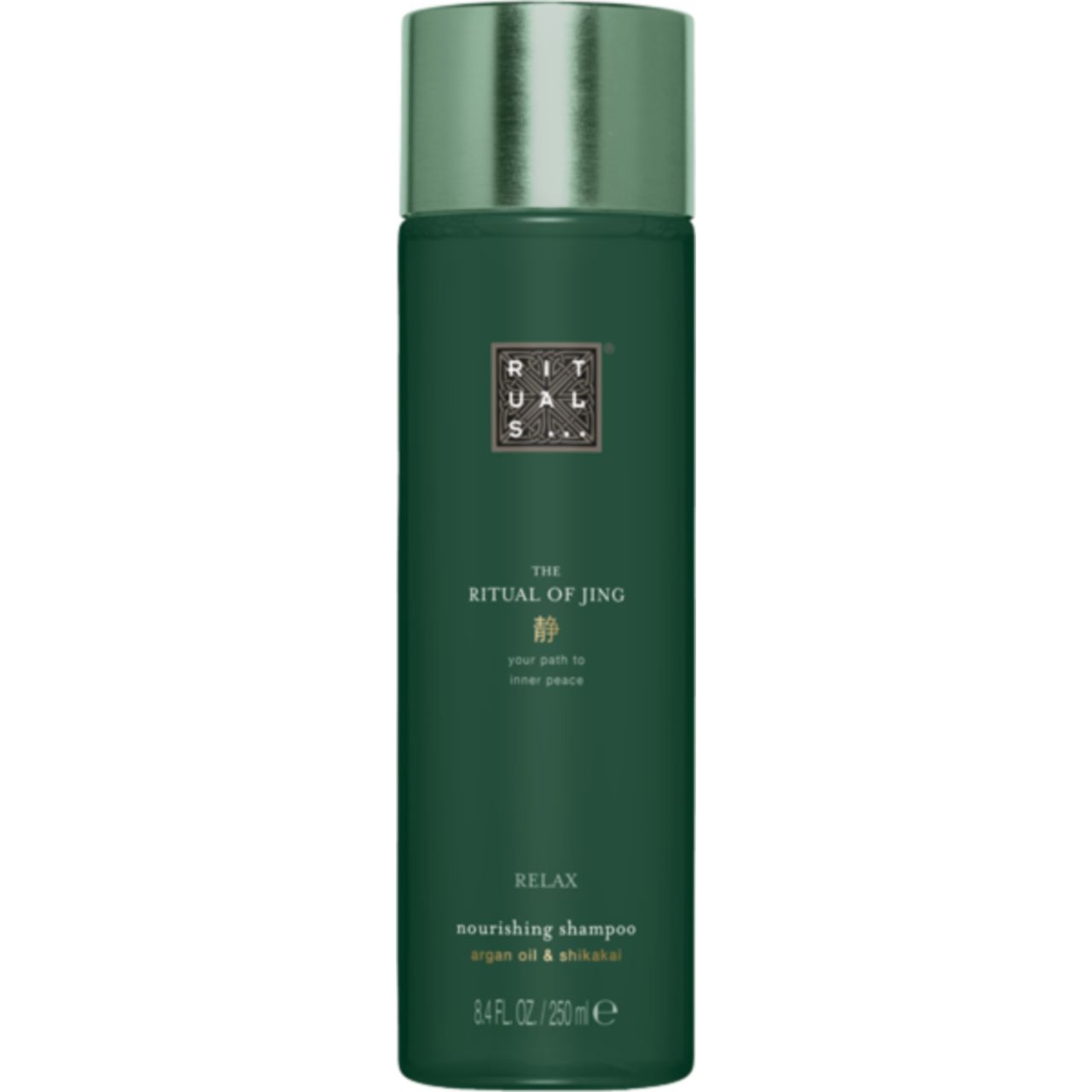 Grüne Flasche mit silbernem Deckel. Aufschrift: The Ritual of Jing, Relax, Shampoo. Text in Weiß.