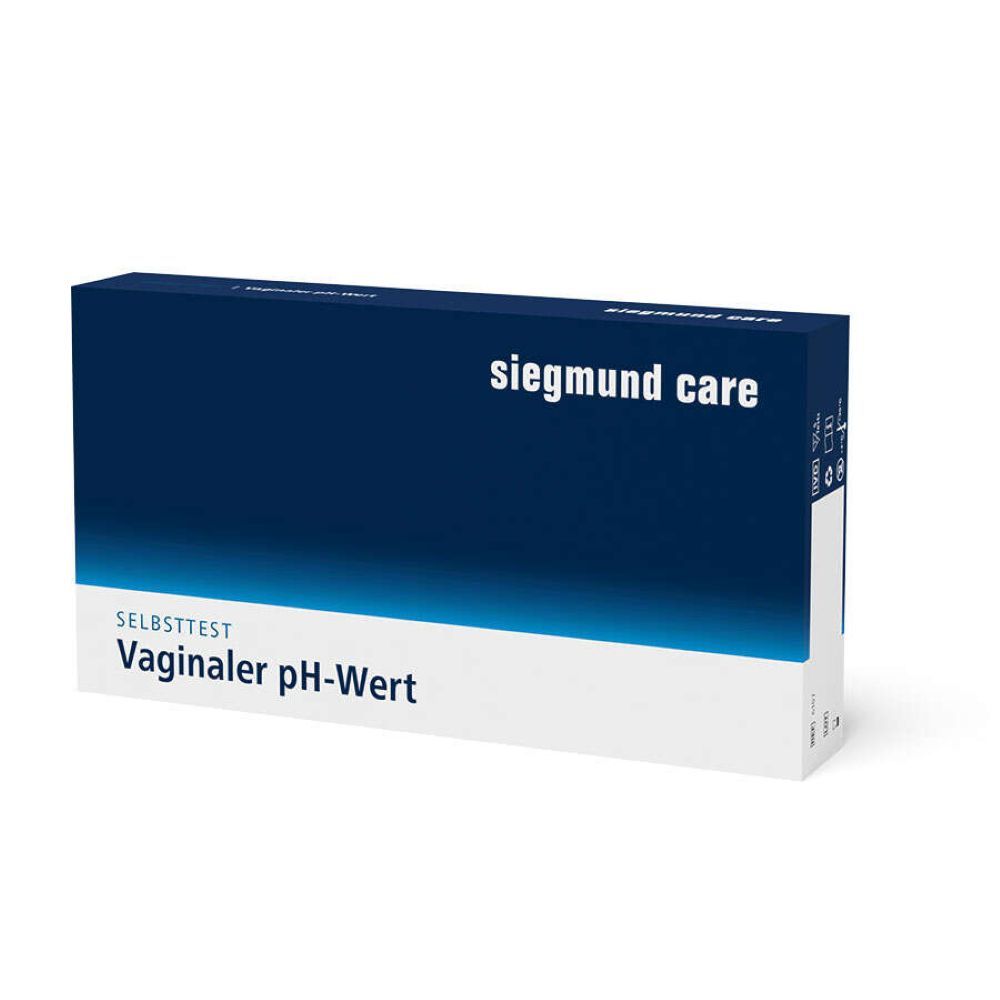 Produktverpackung: siegmund care Vaginaler pH-Wert Selbsttest. Blaue Schachtel mit weißer Schrift.