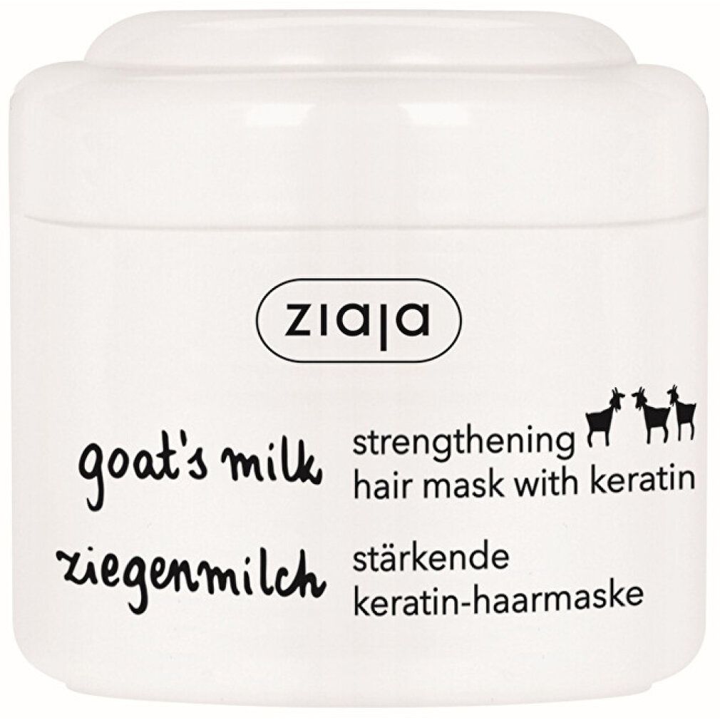 Weißer Tiegel mit ZIAJA-Logo und Aufschrift: goat's milk strengthening hair mask with keratin. Ziegenmilch.