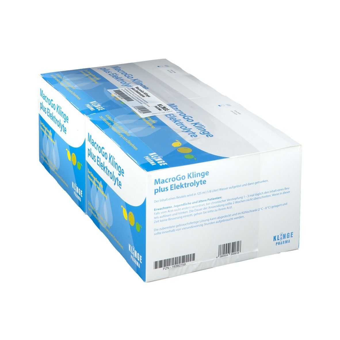 Karton mit Produktaufdruck: MacroGo Klinge plus Elektrolyte. Blaue und weiße Verpackung. Klinge Pharma Logo.