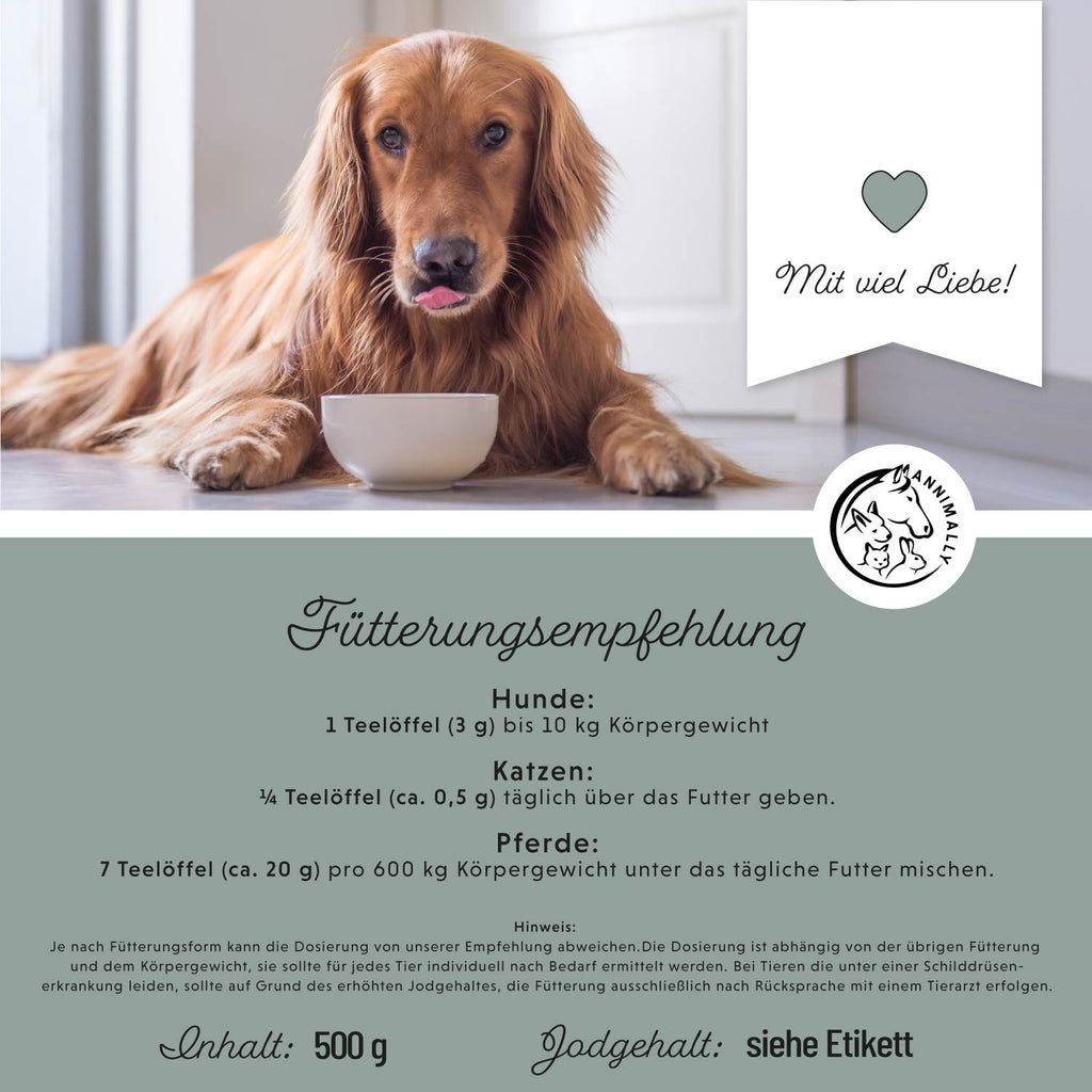 Grafik mit Hund und Text. Text: Fütterungsempfehlung. Hunde: 1 Teelöffel (3 g) bis 10 kg Körpergewicht. Katzen: ¼ Teelöffel (ca. 0,5 g) täglich über das Futter geben.