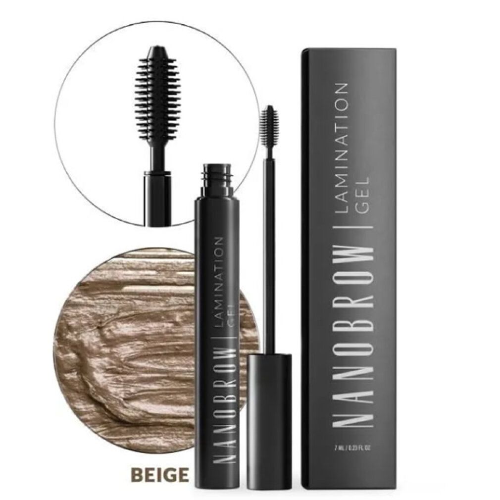 Schwarze Tube und Bürste mit Produktnamen. Rechteckige Verpackung mit Produktnamen. Beige Produktprobe. Aufschrift: Nanobrow Lamination Gel.
