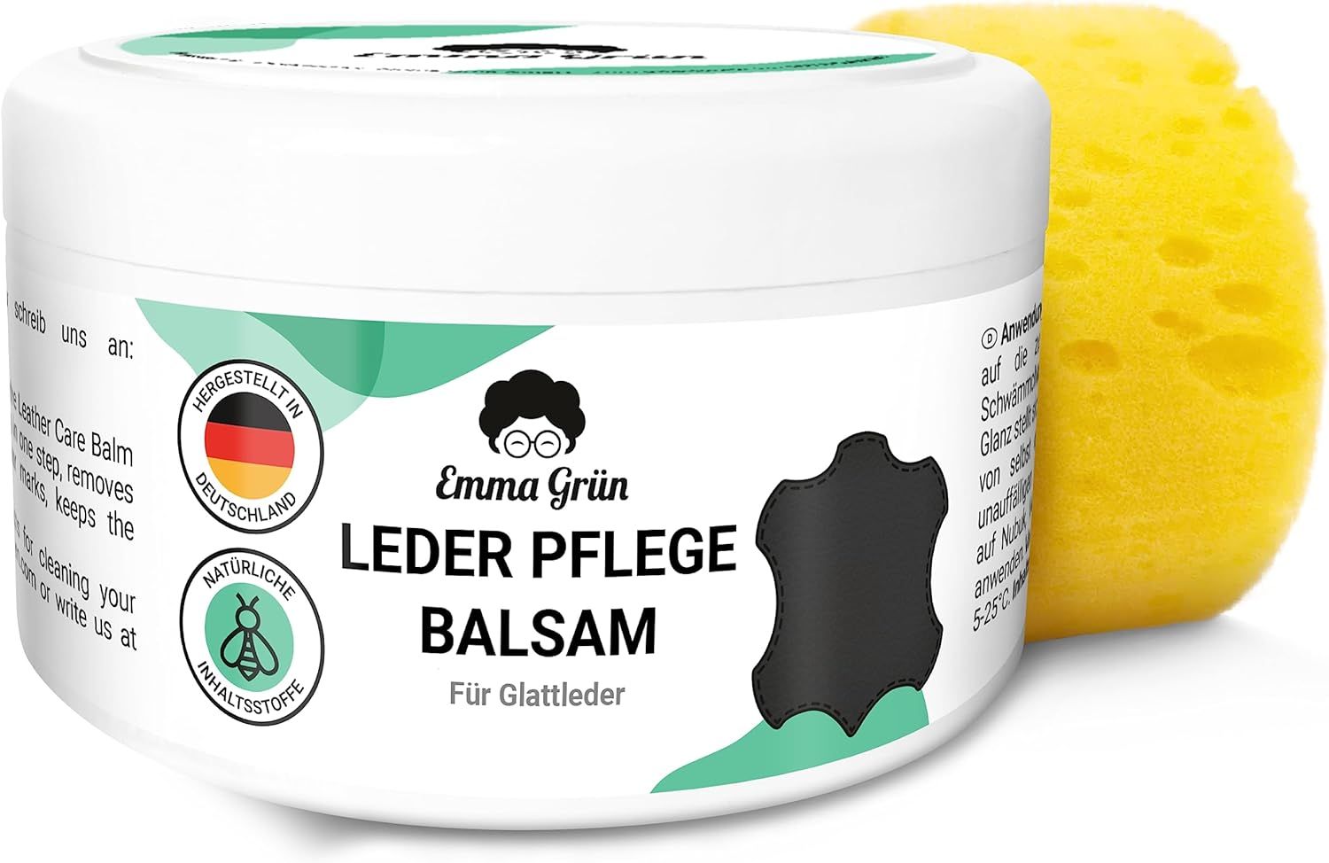 Weißes Tiegel mit "Emma Grün Leder Pflege Balsam" und Schwamm. Mit Deutschland-Flagge und Bienen-Symbol.