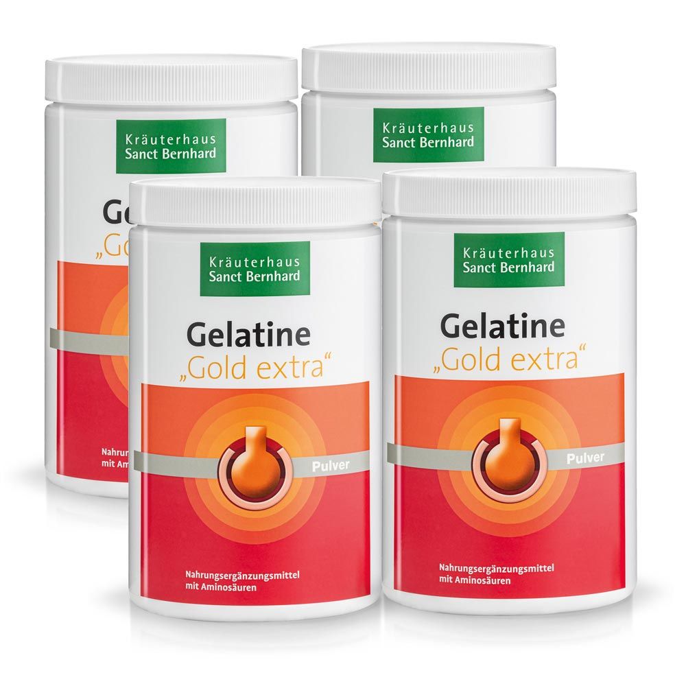 Vier weiße Dosen Gelatine „Gold extra“ mit rotem und grünem Etikett. Pulver. Kräuterhaus Sanct Bernhard.