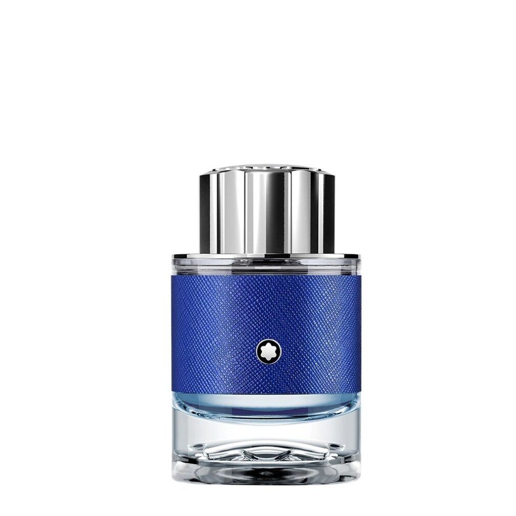 Blauer Glasflakon mit silbernem Deckel. Blaue Textur um den Flakon. Montblanc-Logo. Eau de Parfum.