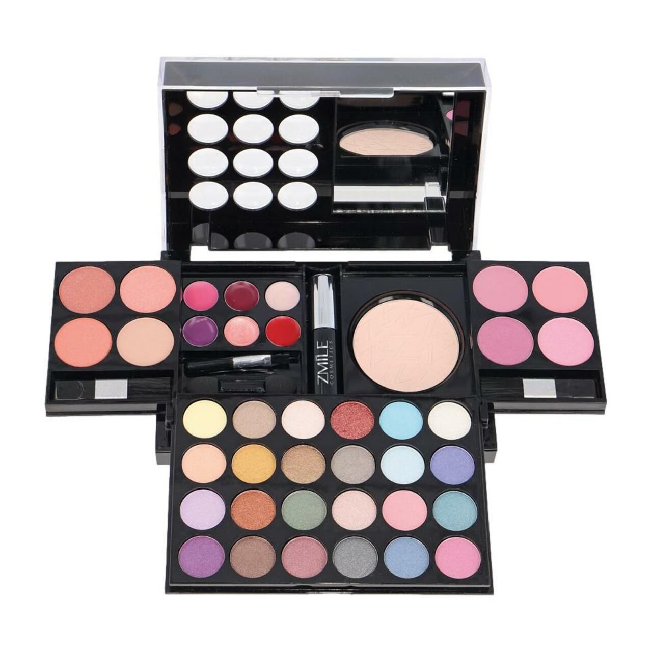Kosmetik-Koffer mit 42 Teilen. Enthält Lidschatten, Rouge, Lippenstifte, Puder und Applikatoren. Marke: ZMILE cosmetics.