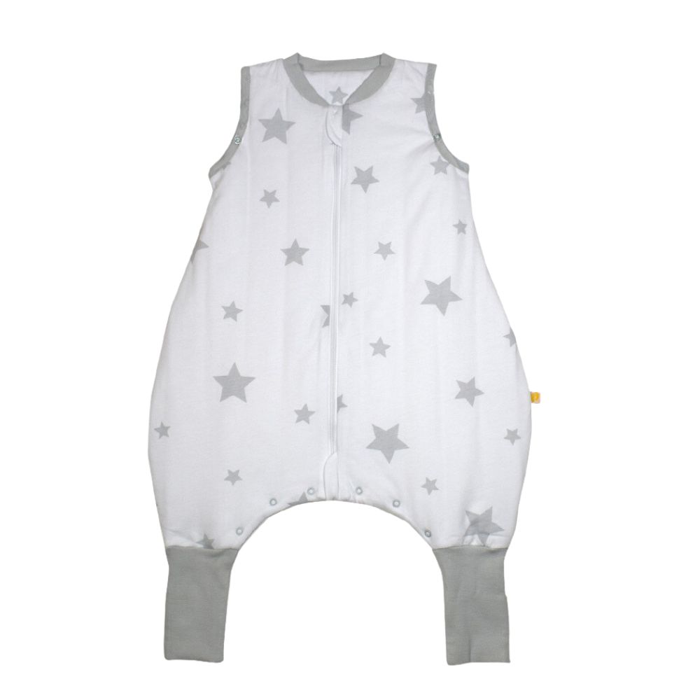 Baby-Schlafsack mit Füßen, grau Sterne. Reißverschluss, Druckknöpfe, graue Bündchen. 80 cm.