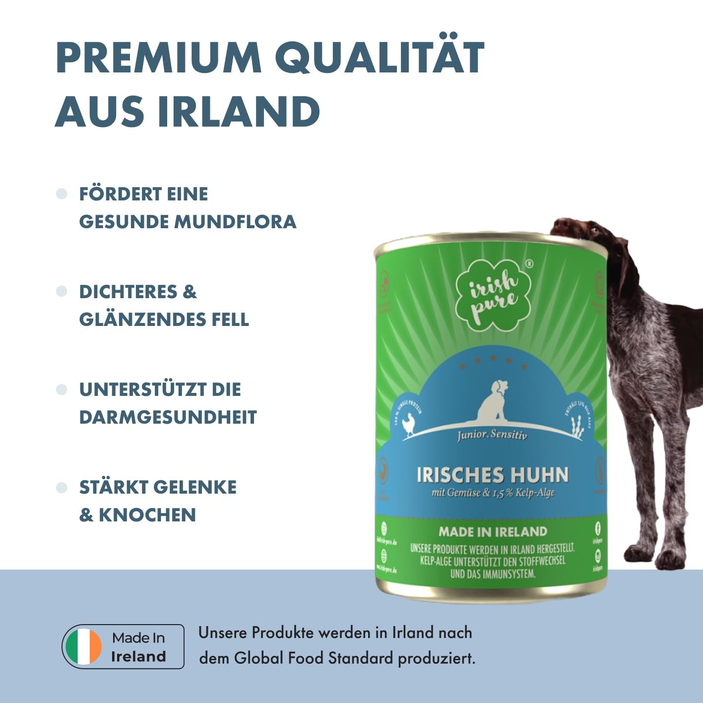 Zusammensetzung von Nassfutter für Hunde mit Huhn, Brühe und Kartoffelstärke.