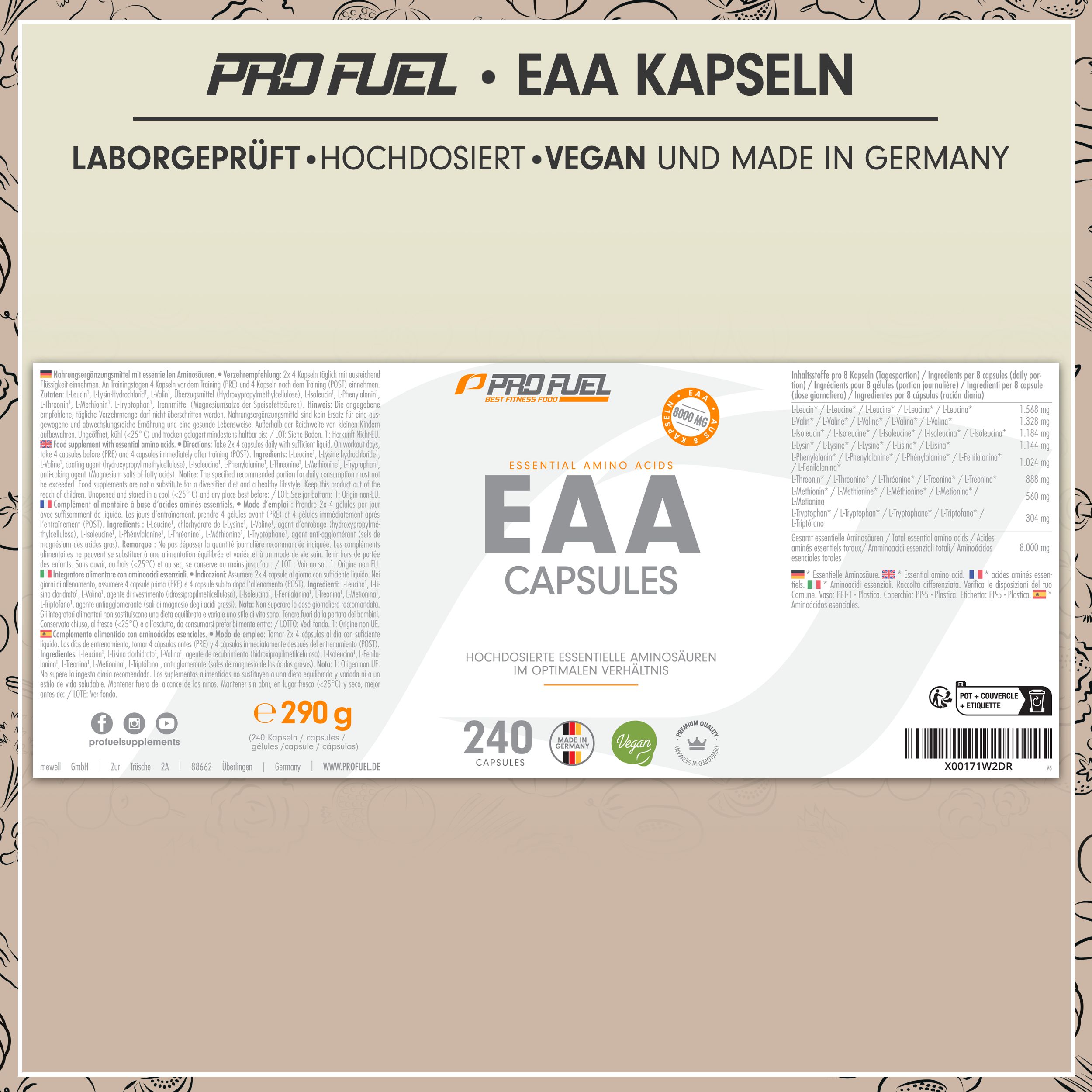 Produktetikett mit Informationen zu EAA Kapseln. Aufschrift: EAA CAPSULES, 240 Kapseln. Logo: ProFuel. Zusätzliche Informationen.