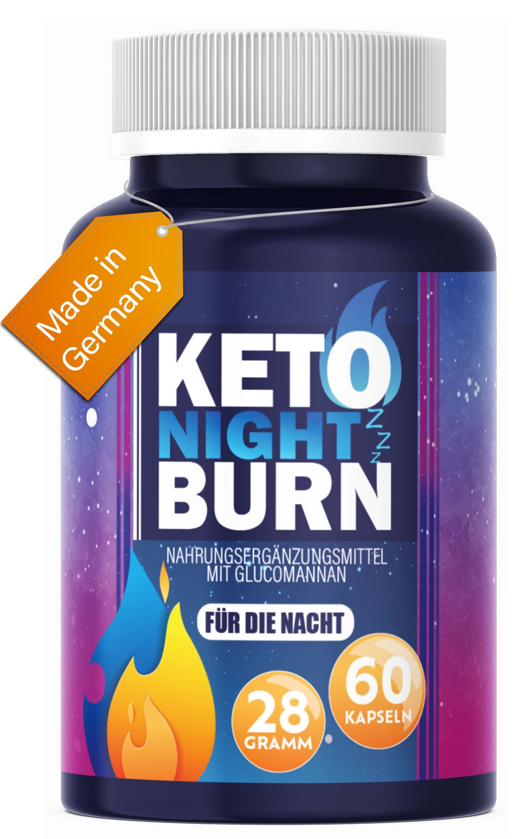 Blaue Kapsel-Dose mit weißem Deckel. Aufschrift: Keto Night Burn. Enthält 60 Kapseln. Mit dem Zusatz "Made in Germany".