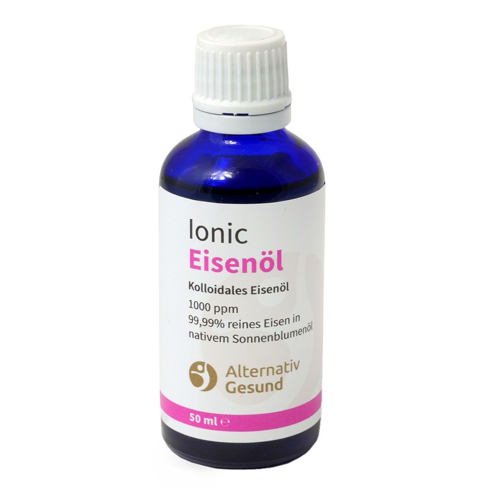 Blaue Glasflasche mit weißem Deckel und Etikett. Aufschrift: Ionic Eisenöl, Kolloidales Eisenöl, Alternativ Gesund.