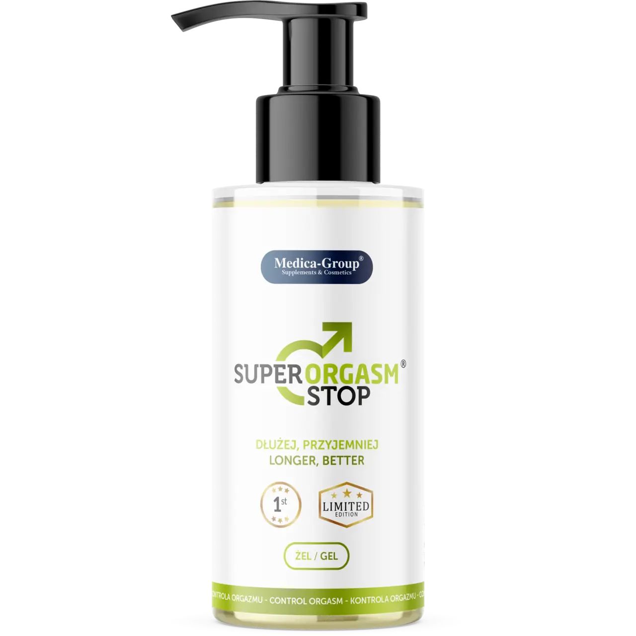 Gel-Flasche mit schwarzem Pumpkopf. Aufschrift: Super Orgasm Stop, Medica-Group. Limited Edition.