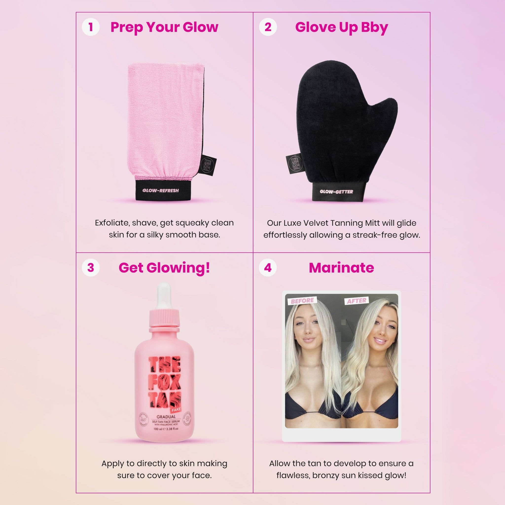 Vier Bilder. 1: Peeling-Handschuh. 2: Schwarzer Handschuh. 3: Rosa Flasche. 4: Vorher-Nachher-Foto.