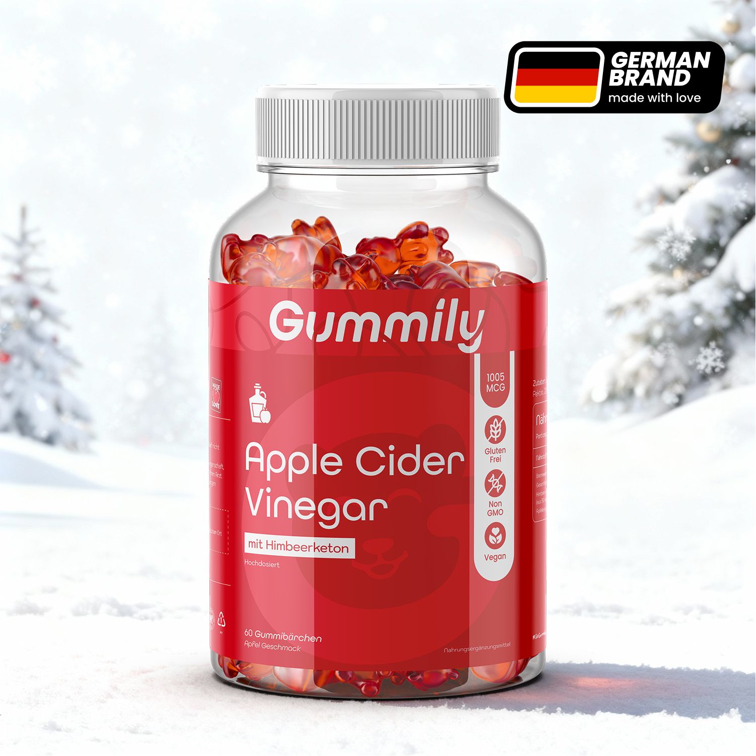 Klare Flasche mit Gummibärchen. Roter Aufkleber mit "Gummily" und "Apple Cider Vinegar". Deutsche Flagge.