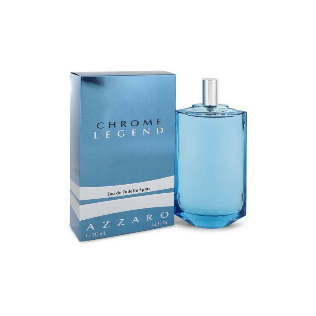 Hellblaues Azzaro Chrome Legend Eau de Toilette mit Verpackung. Flakon und Schachtel zeigen den Produktnamen.