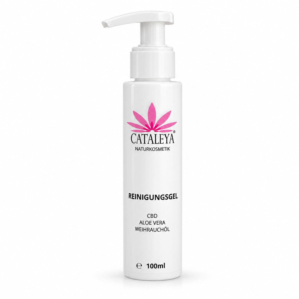 Weiße Pumpflasche mit rosa Logo und Aufschrift "CATALEYA NATURKOSMETIK REINIGUNGSGEL CBD ALOE VERA WEIHRAUCHÖL". Inhalt 100ml.