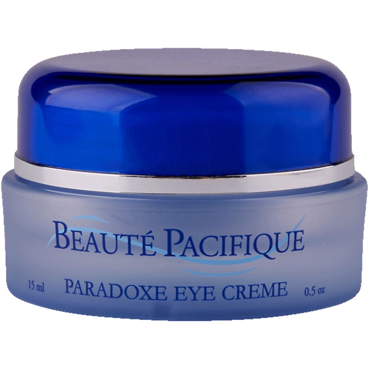 Augencreme-Tiegel mit blauem Deckel und silbernem Ring. Aufschrift: Beauté Pacifique, Paradoxe Eye Creme. Fassungsvermögen: 15 ml, 0,5 oz.