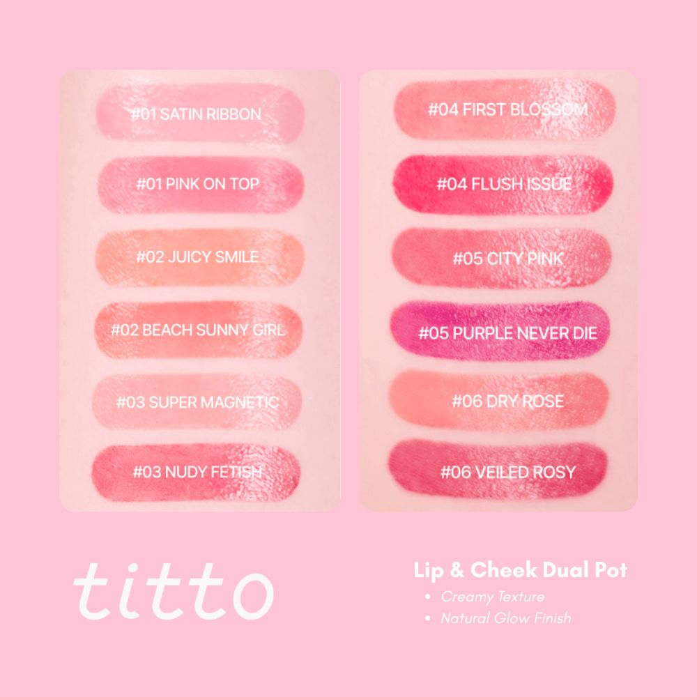 Farbpaletten des titto Lip & Cheek Dual Pot. Verschiedene Farbtöne mit Namen wie #01 Satin Ribbon.