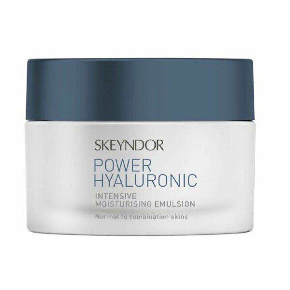 Cremebehälter mit blauem Deckel. Aufschrift: Skeyndor Power Hyaluronic Intensive Moisturising Emulsion. Für normale bis Mischhaut.