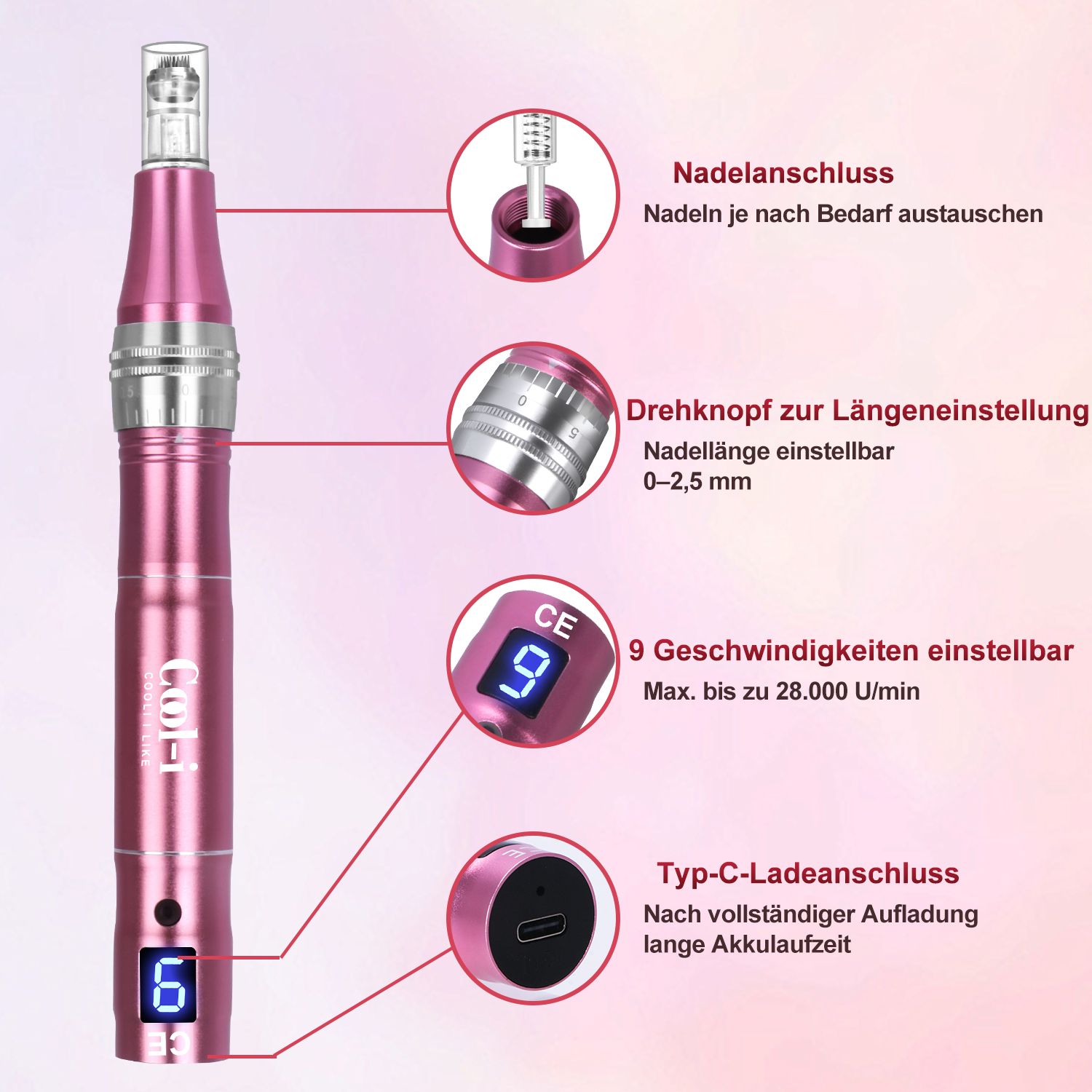 COOL-i Derma Pen mit 7 LED Farben, Mikroneedling Gerät mit 9 Stufen, LCD & 12 Patronen,V2