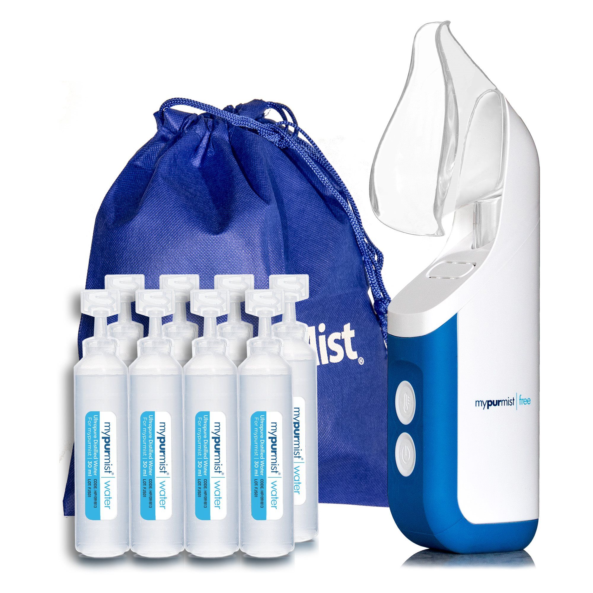 Inhalator mit Zubehör. Enthält eine blaue Tasche, Ampullen und einen weißen Inhalator mit blauem Akzent. Marke: mypurmist free.