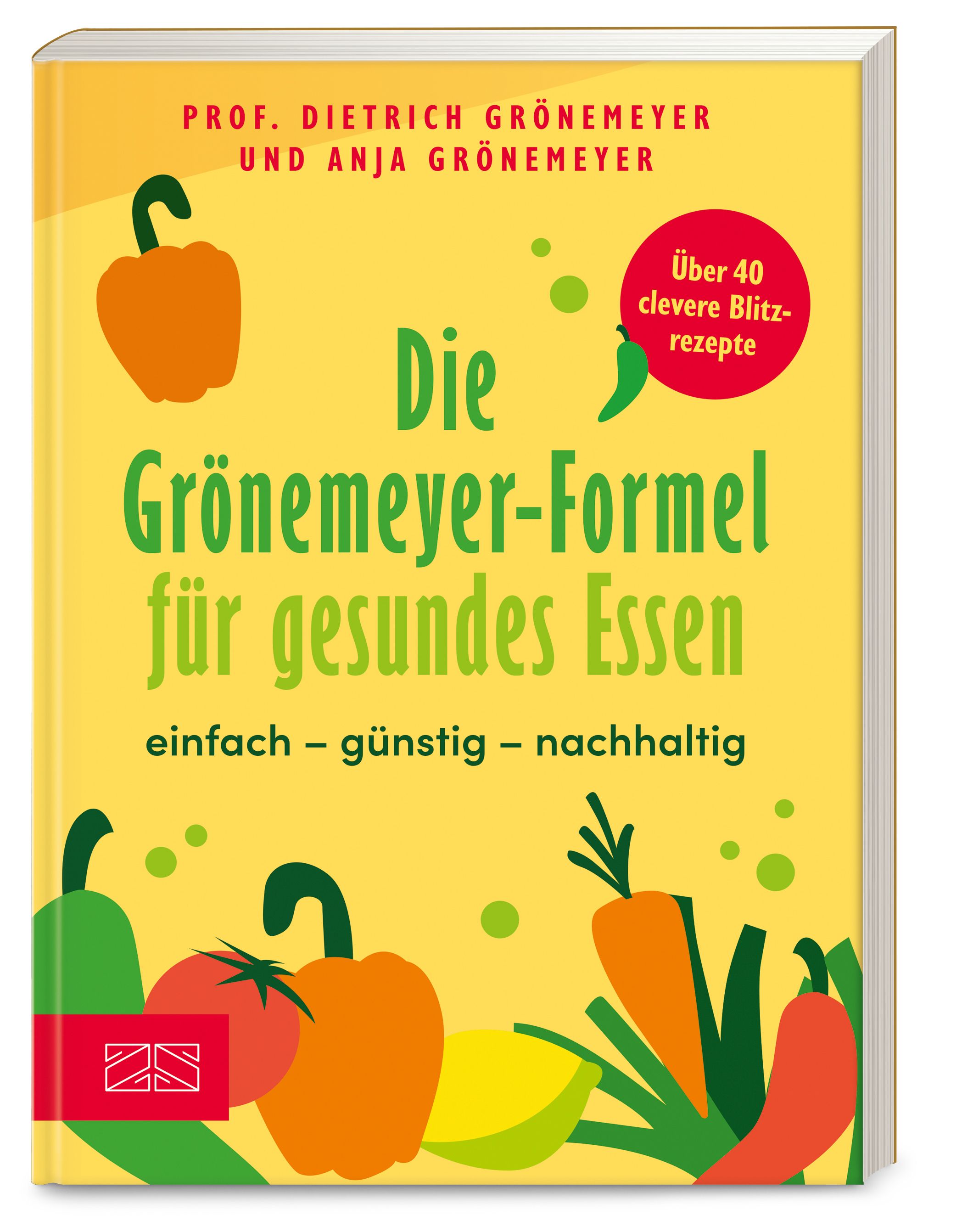 Buchcover: Die Grönemeyer-Formel für gesundes Essen. Titel, Autoren, Gemüse-Illustrationen. Aufkleber: Über 40 clevere Blitzrezepte.