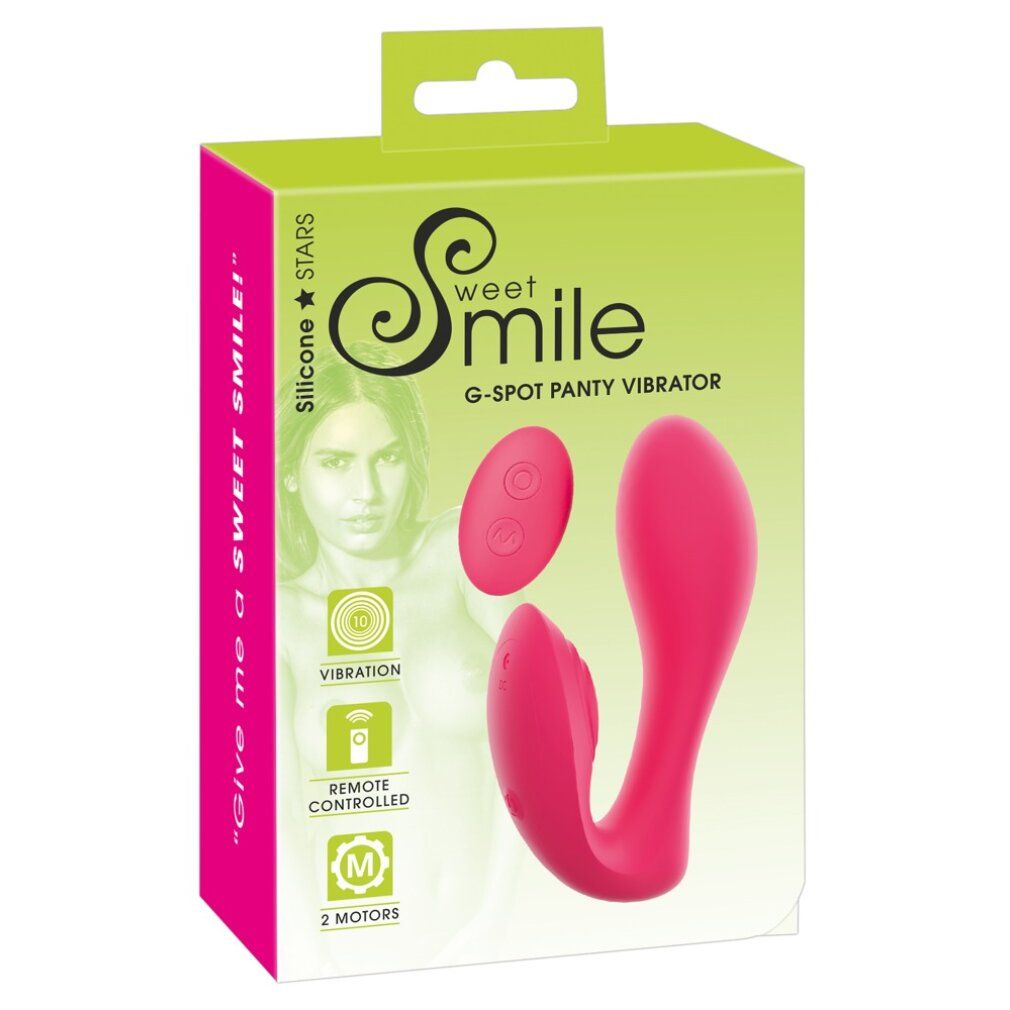 Verpackung mit rosa Vibrator und Fernbedienung. Text: Sweet Smile, G-Spot Panty Vibrator, Fernbedienung.