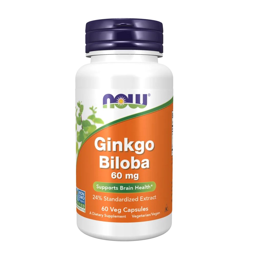 Weiße Flasche mit Ginkgo Biloba Kapseln. Aufschrift: "NOW", "Ginkgo Biloba 60 mg", "60 Veg Capsules". Deckel blau.