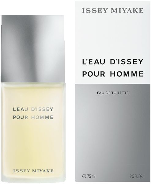 Flakon und Verpackung. Flakon rechteckig, silberner Deckel. Verpackung weiß, Aufschrift: L'EAU D'ISSEY POUR HOMME, ISSEY MIYAKE.