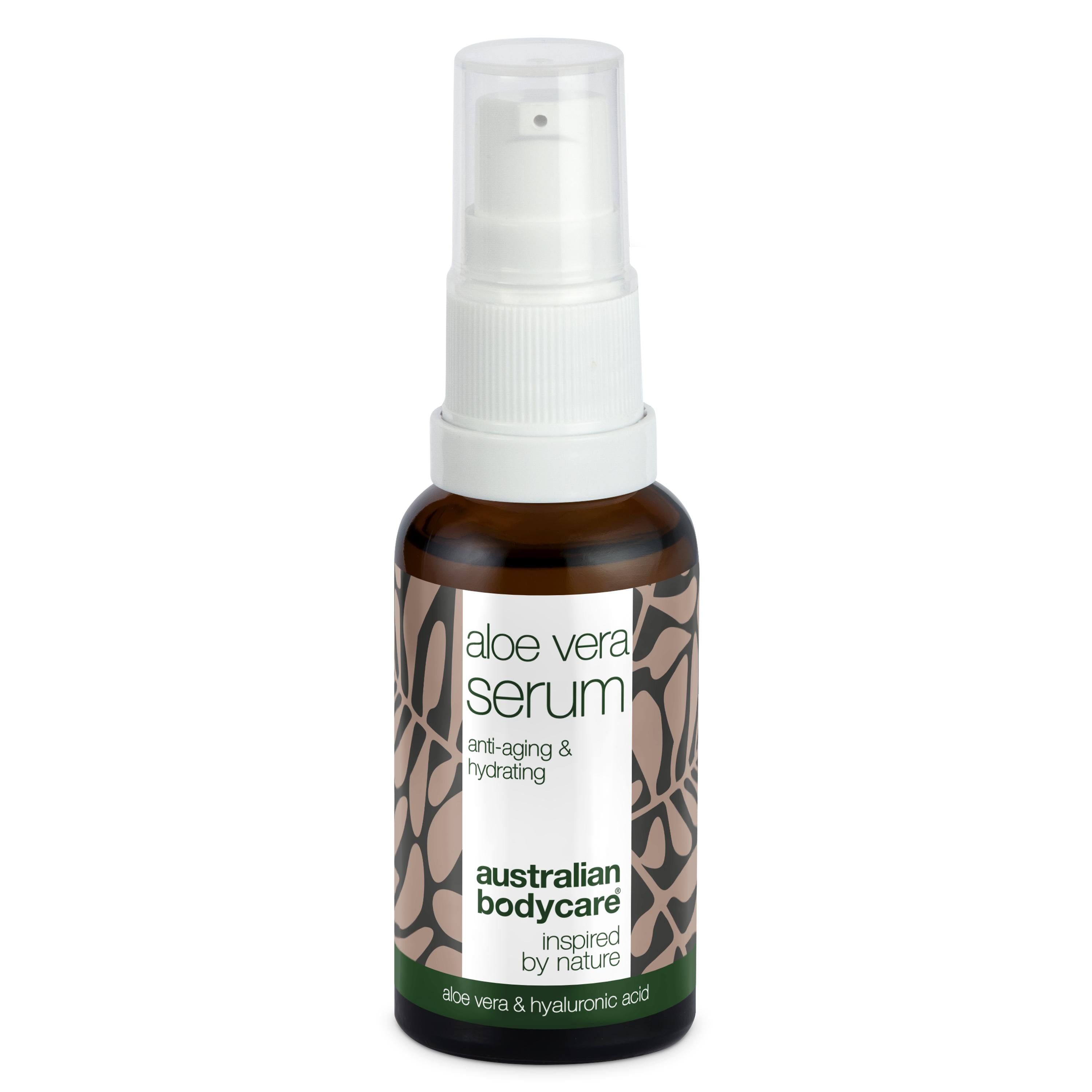Braune Flasche mit Serum. Aufschrift: Aloe Vera Serum, Anti-Aging & Hydrating. Marke: Australian Bodycare.