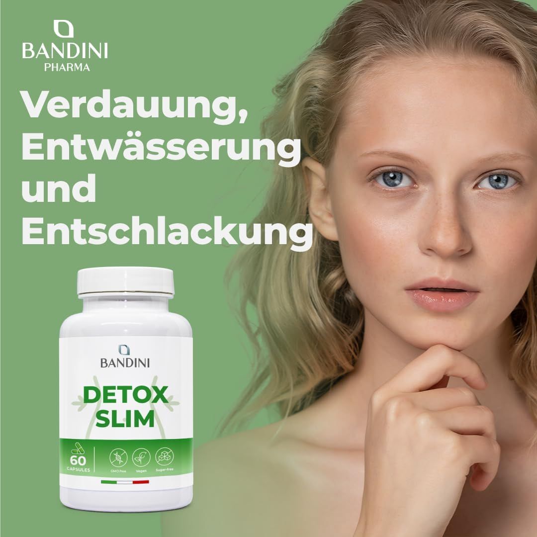 Weiße Flasche mit grüner Aufschrift DETOX SLIM. 60 Kapseln. Frau mit blonden Haaren. Text: Verdauung, Entwässerung und Entschlackung.