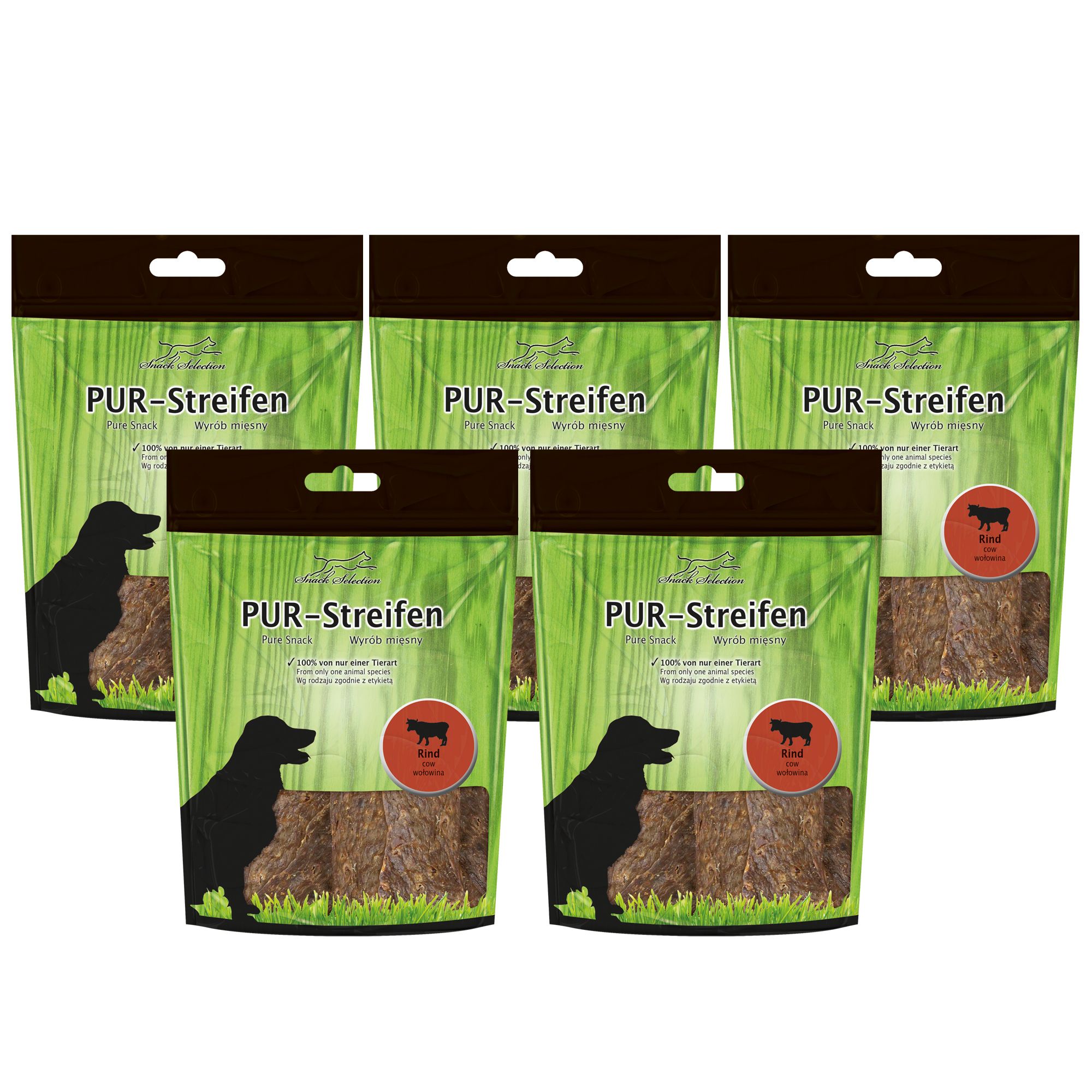 Fünf Beutel PUR-Streifen. Grün-braune Verpackung mit Produktlogo, Hundesilhouette und Rind-Symbol. Sichtbar: getrocknete Fleischstreifen.