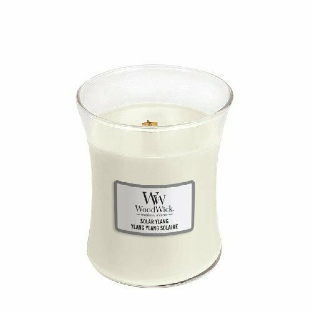 Sanduhrförmige Kerze ohne Deckel. Aufkleber mit "WoodWick Solar Ylang".